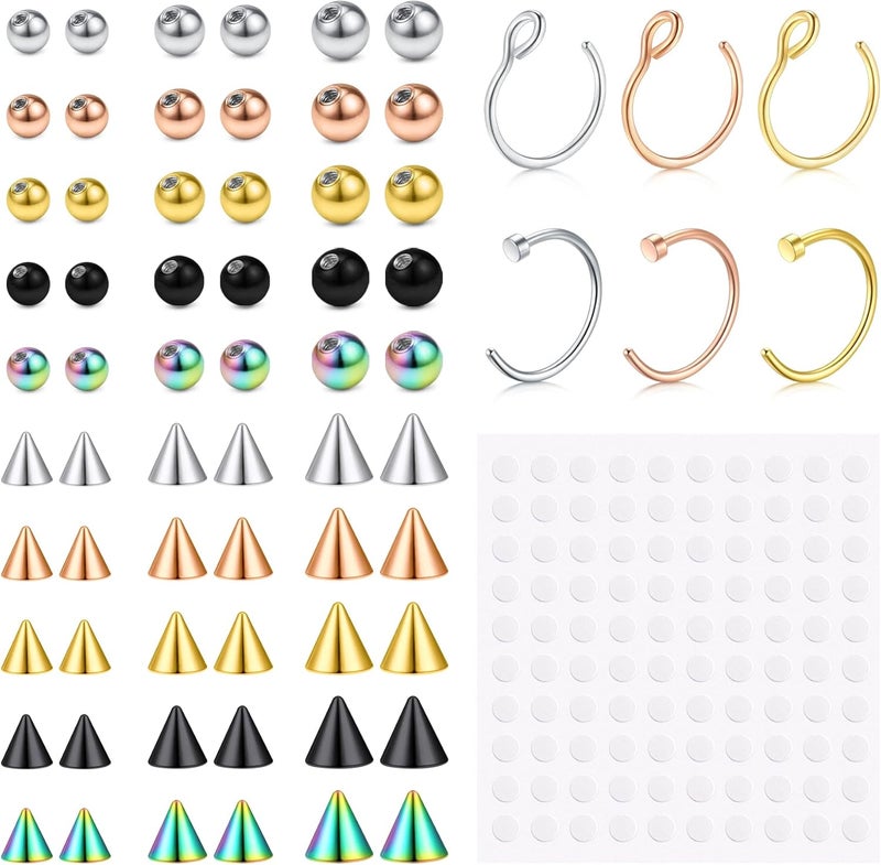 JFORYOU Fake Eyebrow Ring Fake Lip Labret Studs Replacement Balls Spike with 100pcs Sticker Non-Piercing Body Jewelry Fake Skin Piercing - Image 1